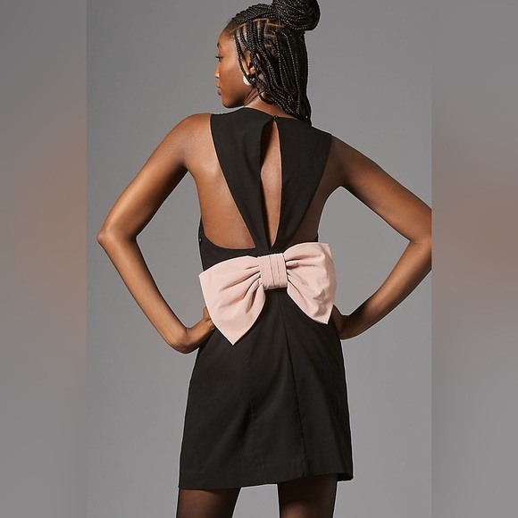 anthropologie black dress with bow NEW ~ BLACK Anthropologie Silky Satin PUFF SLEEVE BOW FRONT Mini Dress ~  Large